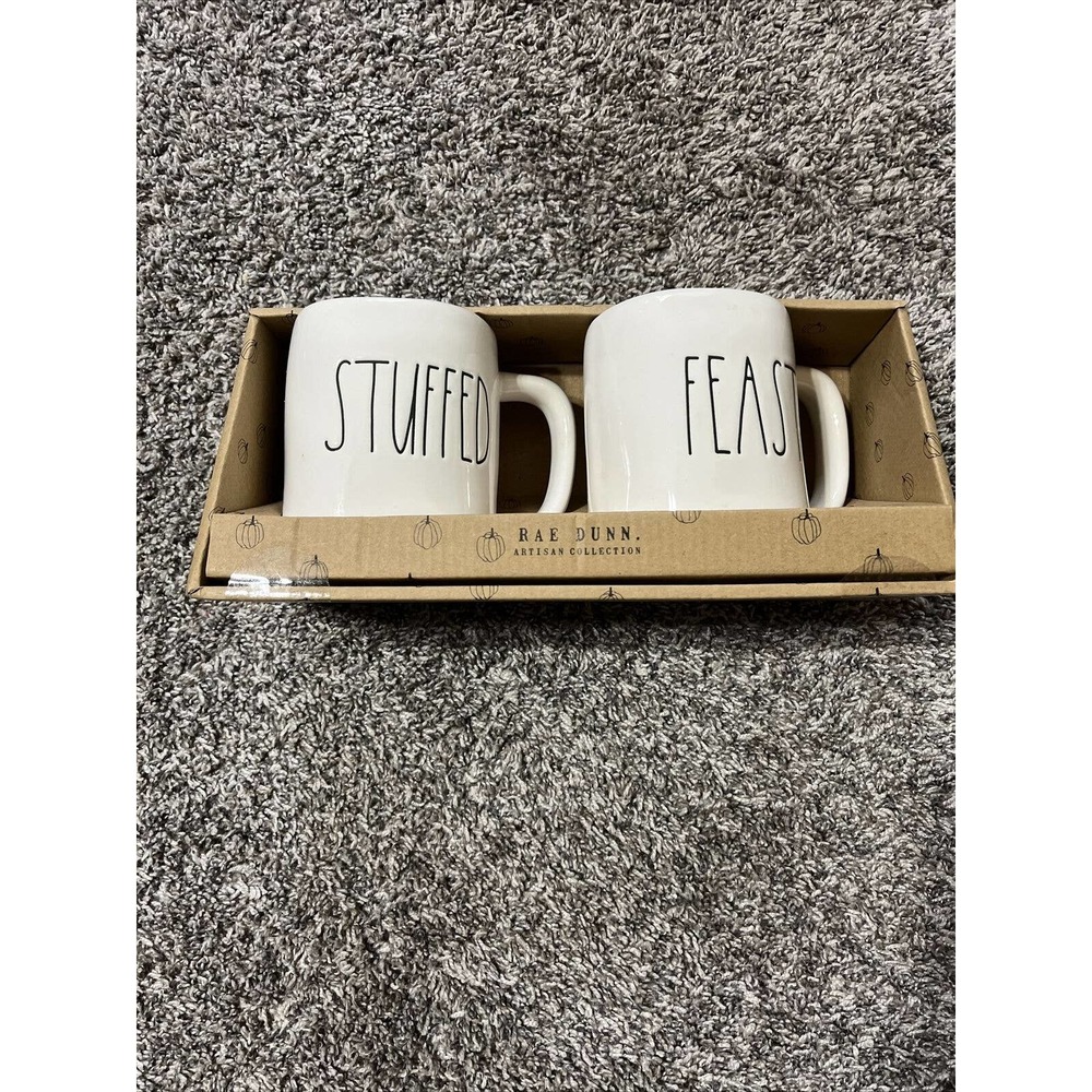 NIB! Rae Dunn Set of 2 Ceramic Coffee Mugs STUFFED & FEAST